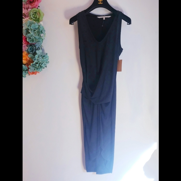 NWT RACHEL ROY Hi-Low Ribbed Tank Midi Dress Black MEDIUM Scoop Neck Ruched Slim - Picture 7 of 14